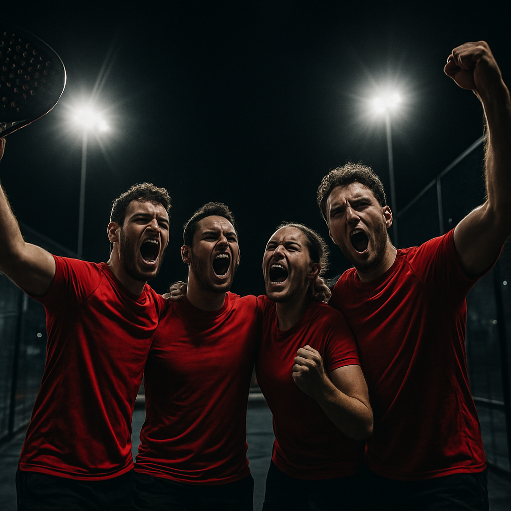 A padel team celebrating victory on court under the lights
